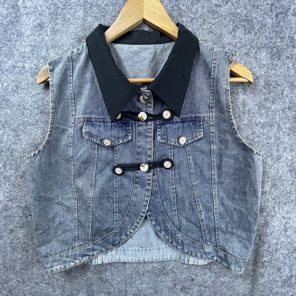 Vintage Womens Cropped Denim Vest M/L Schnauzer‎ Dog 90s Grunge Cute Gothic Edgy
